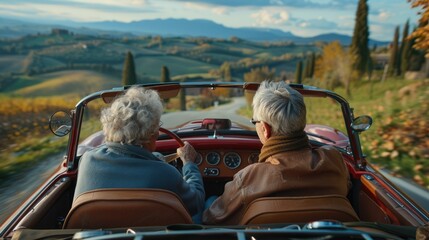 Old senior couple is driving a blue convertible car. People ride in fashionable retro cabriolet. A fun road trip. Beautiful vintage car. Summer auto travel. Happy holidays. Weekend adventure.