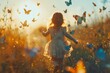 a cute little girl running after multicolored butterflies  