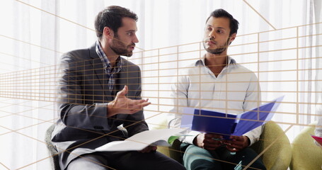 Sticker - Image of tunnel in seamless pattern over diverse businesspeople discussing together at office