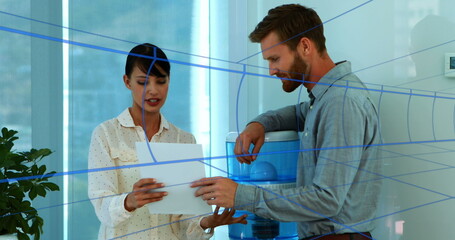 Poster - Image of shapes moving over caucasian business people in office