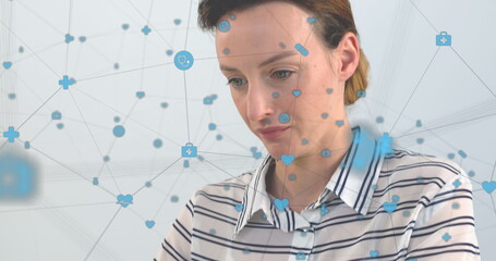 Poster - Image of data processing and networks over woman using laptop