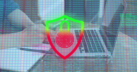 Sticker - Image of biometric padlock, data processing and networks over woman using laptop