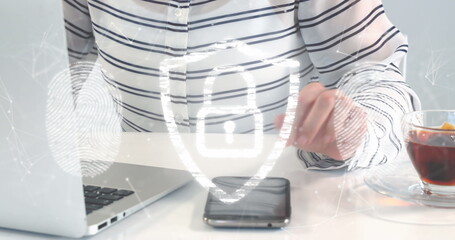 Poster - Image of padlock, biometric fingerprints, data processing and networks over man using laptop