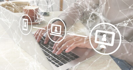 Poster - Image of data processing and networks over man using laptop