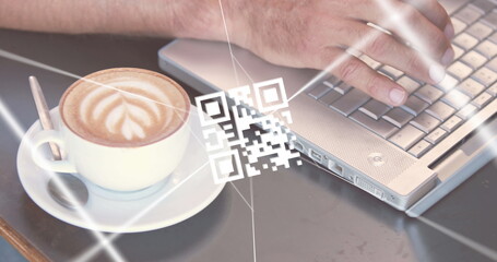 Poster - Image of qr code, data processing and networks over man using laptop
