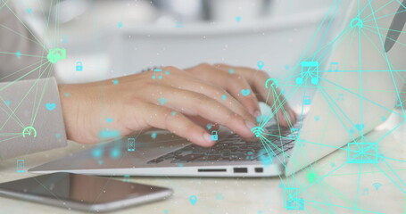 Poster - Image of data processing and networks over man using laptop