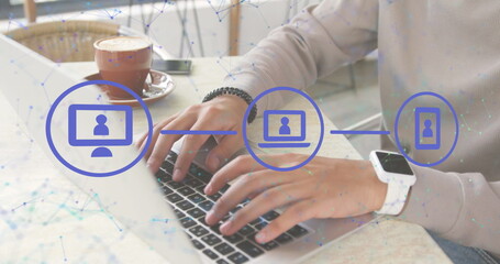Poster - Image of data processing and networks over man using laptop