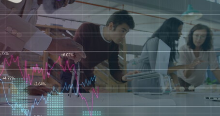 Poster - Image of financial data processing over business people in office
