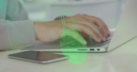 Poster - Image of biometric padlock, data processing over man using laptop