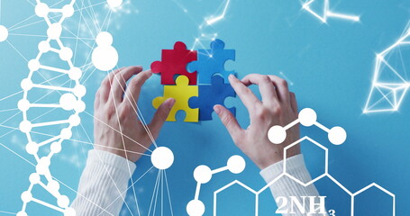 Aufkleber - Image of dna strand and chemical formula over hands holding puzzle pieces on blue background