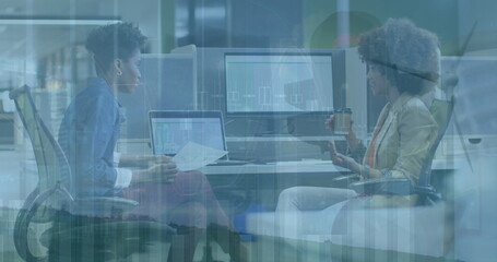 Poster - Image of finance data over caucasian woman working in office