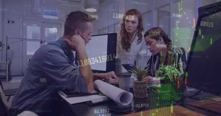 Poster - Image of statistics and data processing over diverse business people working in office