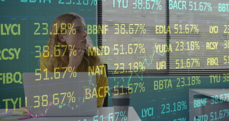Poster - Image of statistics and data processing over caucasian businesswoman using computer