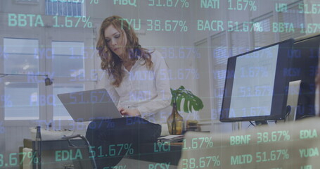 Poster - Image of statistics and data processing over caucasian businesswoman using computer