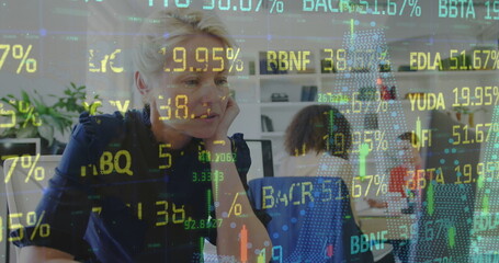 Sticker - Image of stock market data processing over caucasian woman using laptop at office