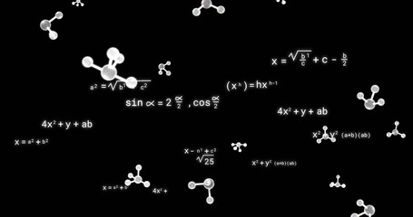 Poster - Image of molecules over mathematical equations on black background