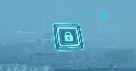 Poster - Image of padlock in squares over binary codes against modern cityscape against sky