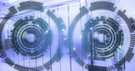 Poster - Image of loading circles over lens flares against server room in background