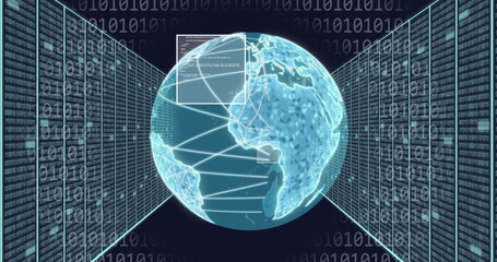 Poster - Image of globe, binary codes and computer language and data server racks over black background