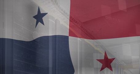 Poster - Image of flag of panama waving with abstract lines over server room