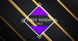 Cyber monday text in white with purple triangles over diagonal gold stripes on black background