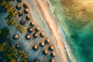 Wall Mural - Aerial view of umbrellas, palms on the sandy beach of Indian Ocean at sunset. Top view.