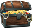 Wooden antique chest full of gold coins and jewelry . Realistic illustration..