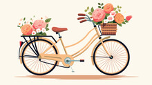 A Vintage Bicycle With A Basket Full Of Flowers Flat Vector