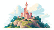 A whimsical fairytale castle perched on a hilltop flat