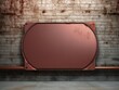 Maroon large metal plate with rounded corners is mounted on the wall. It is a 3D rendering of a blank metallic signboard