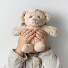 child with a soft toy in his hands on a white background