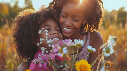 Poster - Portrait of happy mother and daughter holding flowers . Happy Mother's day Image.
