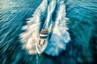 The boat is moving at high speed on the sea. A long Wake follows the boat. Top view.