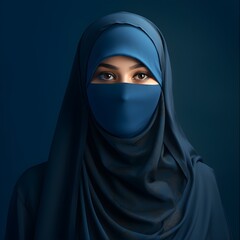 Portrait of a veiled woman wearing burqa isolated on blue background