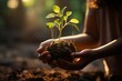 © svetlana_cherruty - Hands holding green young sprout on green nature background. Earth Day. Copy space.