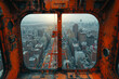 Panoramic view of cityscape from the inside of a construction crane cabin, an aerial view of modern business district in a big city