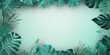 Mint Green frame background, tropical leaves and plants around the mint green rectangle in the middle of the photo with space for text