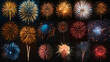Vivid and dynamic fireworks display in a striking collage of shapes and colors set against a black background.