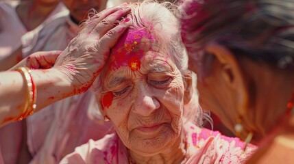 Wall Mural - Elders applying auspicious red tilak on the foreheads of their loved ones, symbolizing blessings and good wishes as they celebrate the joyous occasion of Holi.