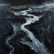 dark mystic oil painting using shades of black of Drone photo looking down surrealistic icelandic river 