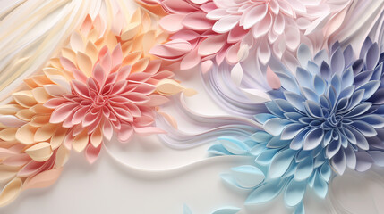 Wall Mural - Quilling paper abstract background with copy space. Filigree paper floral banner in pastel colors. Bridal paper flowers. Quilling floral background. High quality photo