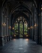 a luxury modern interior, modern, gothic style, gothic arches and windows, mostly black color