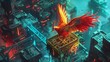 Craft a scene featuring a phoenix perched atop a levitating platform, with intricate voxel art details contrasting against a dark, cyberpunk background, using unexpected isometric camera angles