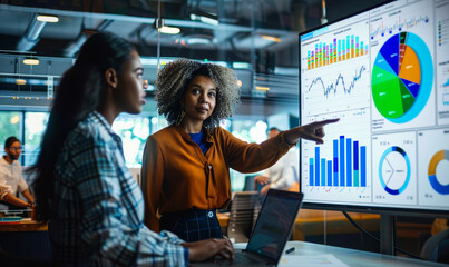 Poster - Business Partners Analyzing Financial Data, Diverse Women Strategizing over Charts and Graphs on TV in Office