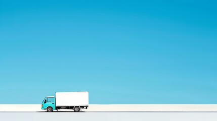 Wall Mural - A teal delivery truck traveling on a white surface under a clear blue sky.