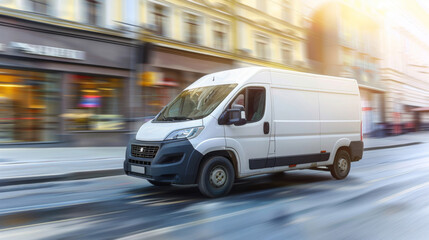 Wall Mural - Motion-blurred image of a white delivery van moving quickly on an urban street.