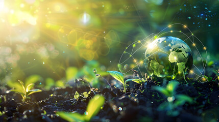 Wall Mural - Glowing globe with digital network connections on rich soil with sprouting plants and sunlight

