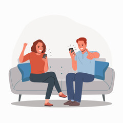 Wall Mural - Man and woman looking in the smartphone and shows a positive gesture on the sofa. Flat style cartoon vector illustration.