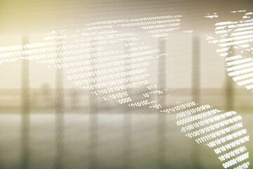 Aufkleber - Double exposure of graphic America map hologram on empty room interior background, big data and digital technology concept