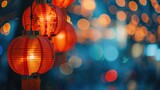 Fototapeta  - Red Chinese lanterns with glowing bokeh lights. Cultural event photography.